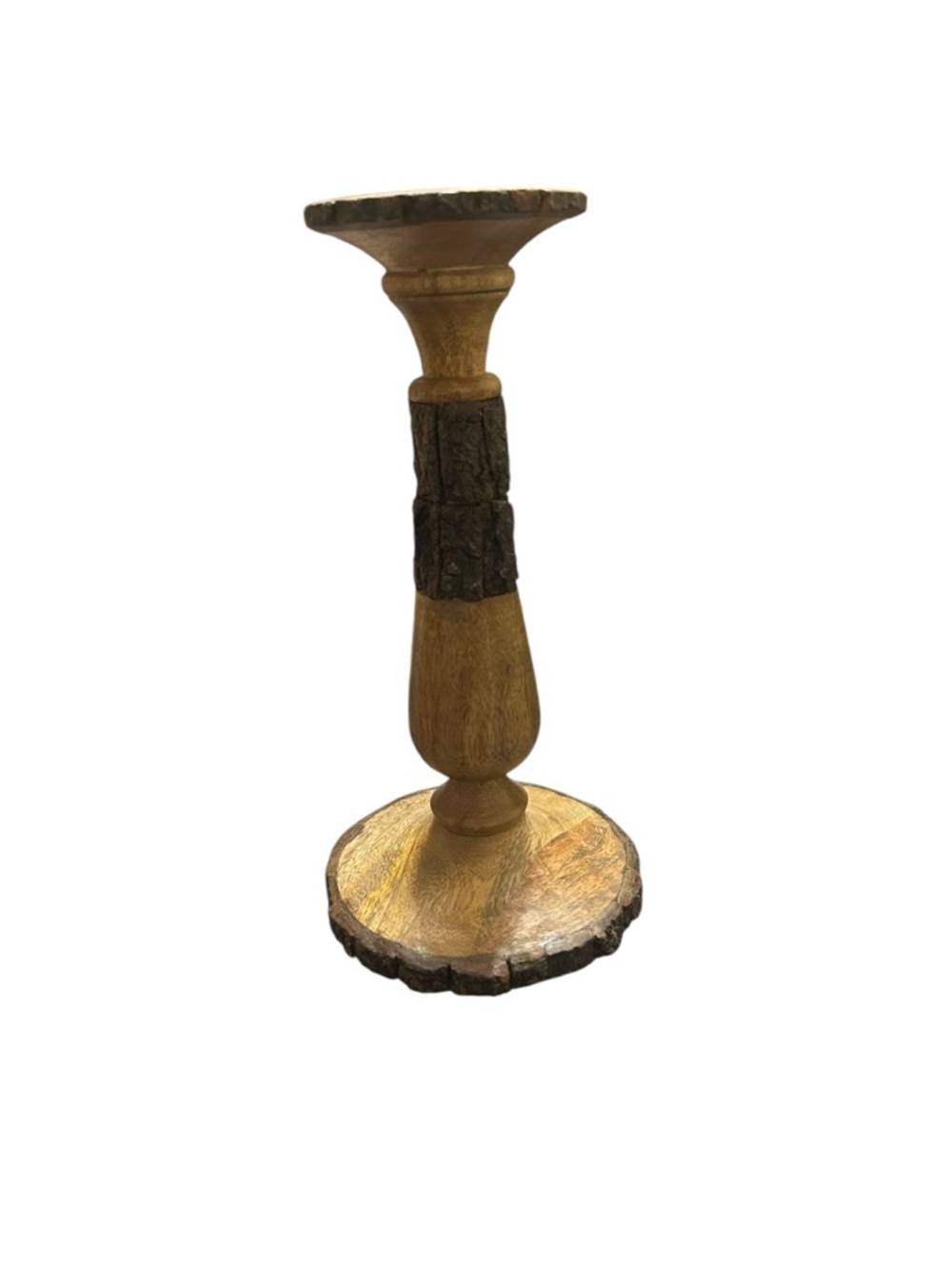 handcrafted pillar candle holder is made from mango wood 12” tall base 6”